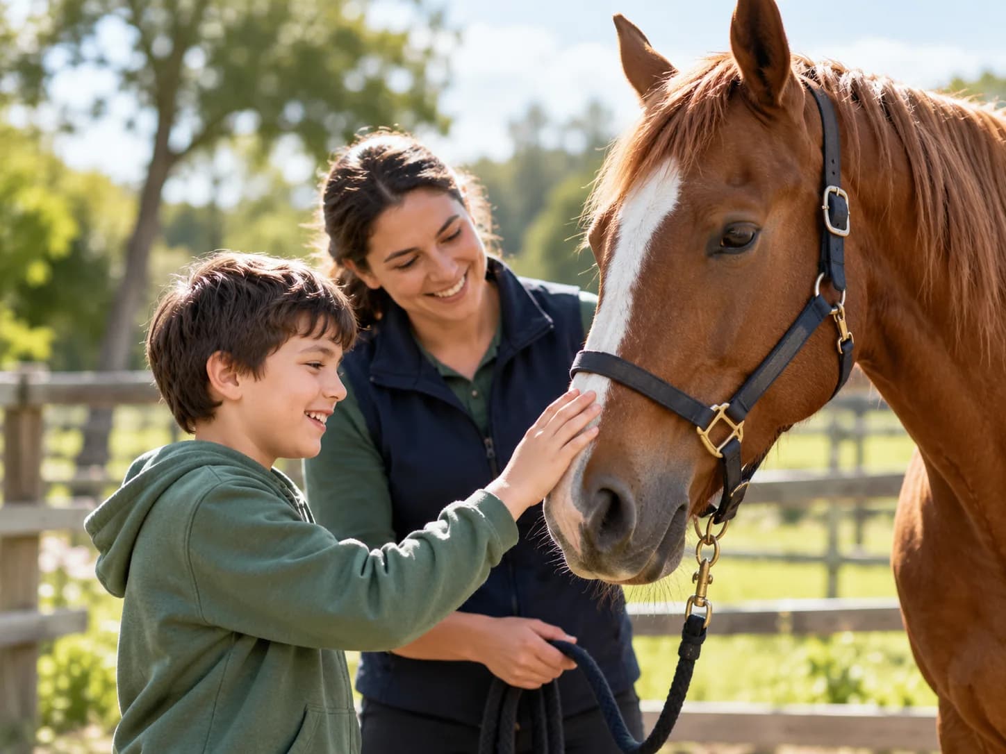 Boy gently patting a horse beside a smiling equine therapy practitioner
