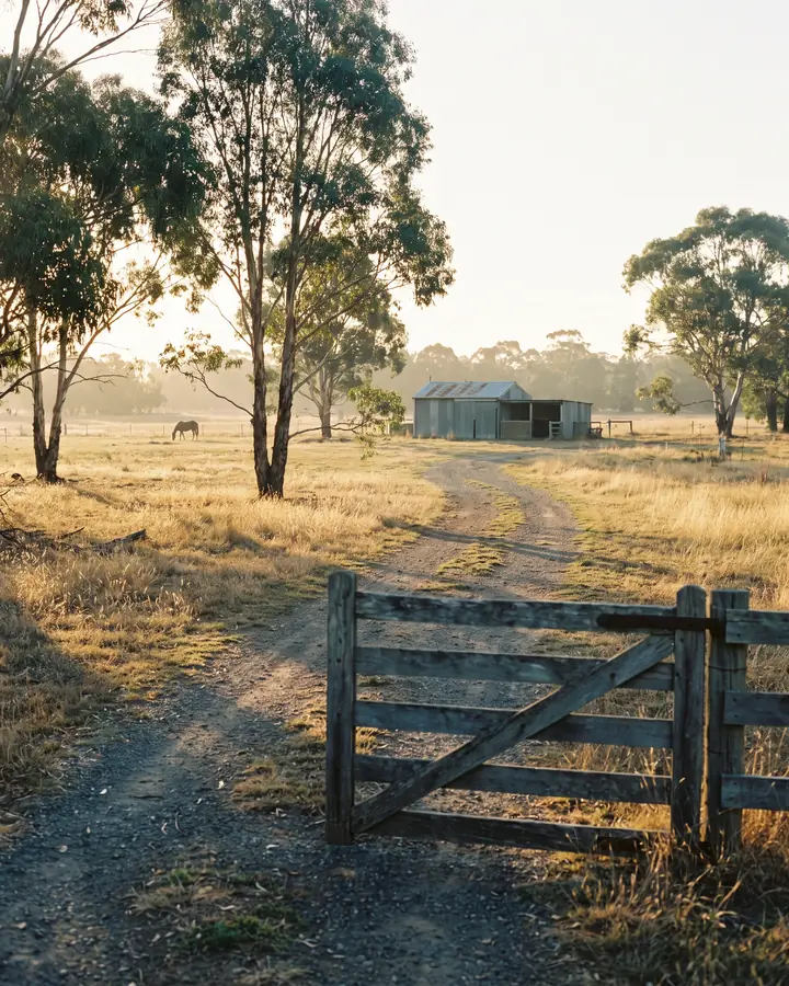 An open timber farm gate and a gravel track running between dry paddocks and gum trees towards a stable at golden hour