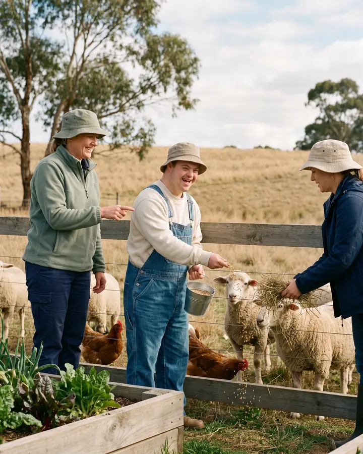 A support worker and two participants feeding sheep and chickens over a timber fence, dry grassland and gum trees behind