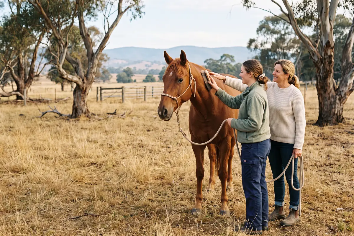 A young woman brushing a calm chestnut horse in a dry grass paddock, a support worker standing beside her