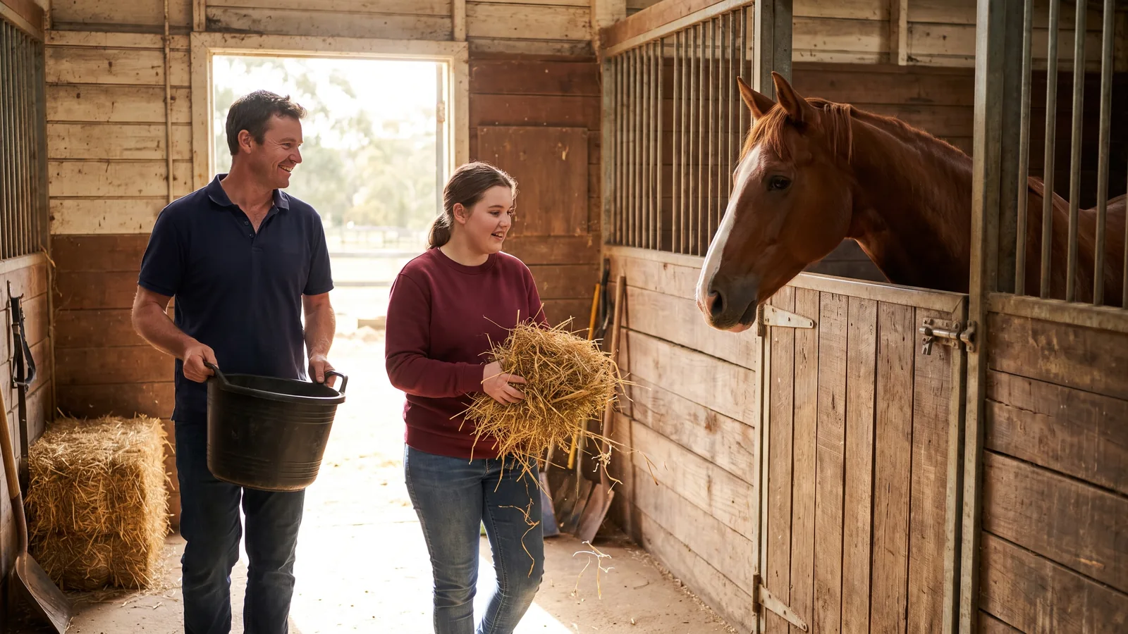 A young woman carries an armful of hay towards a horse looking over its stable door, walking beside a support worker with a feed bucket.