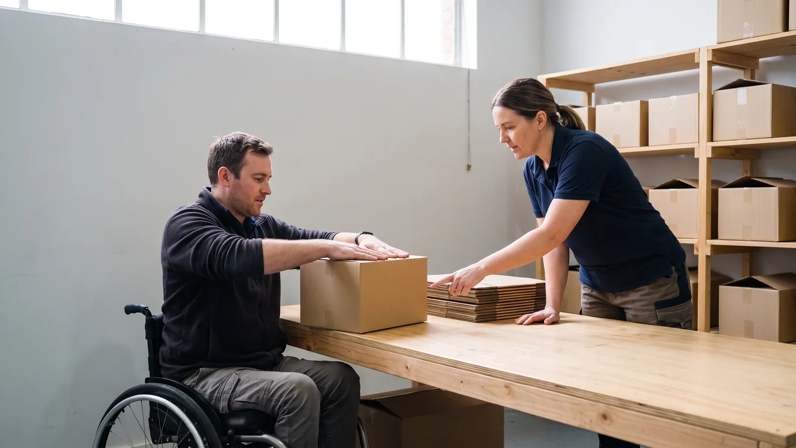 A man using a wheelchair folds a box closed at a workbench while a workplace coach beside him shows the next step.