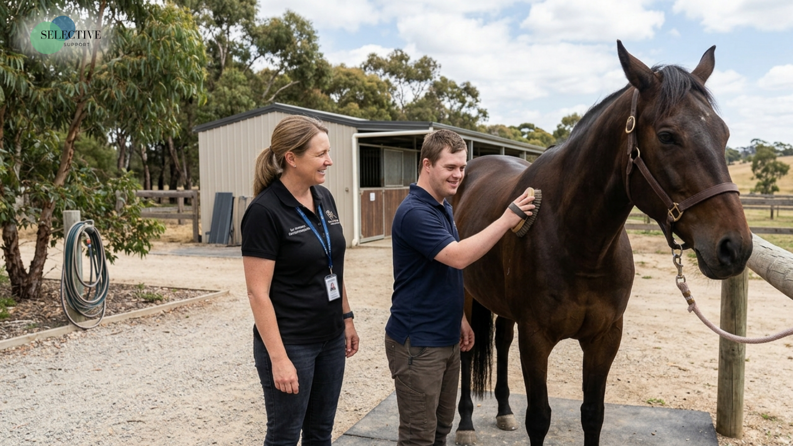 Developmental educator guiding an NDIS participant grooming a horse, equine assisted learning